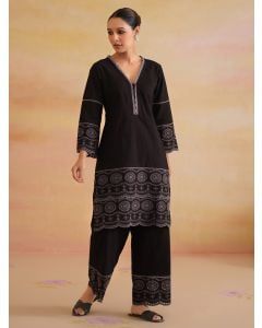 Black Embroidered Cambric Cotton Kurta with Pants- Set of 2