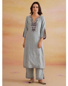 Powder Blue Embroidered Chanderi Kurta with Pants- Set of 2