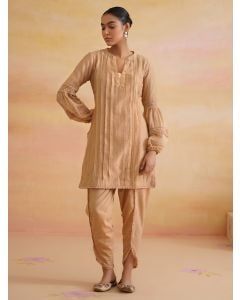 Beige Lace Work Chanderi Kurta with Dhoti Pants- Set of 2