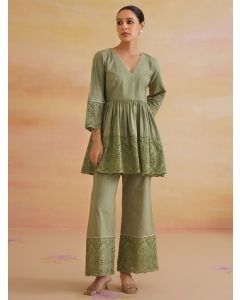 Green Embroidered Cambric Cotton Co-ord Set- Set of 2