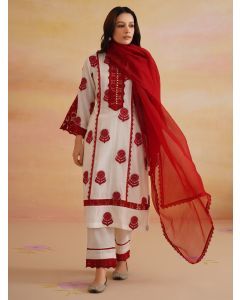 Ivory Red Embroidered Chanderi Suit- Set of 3