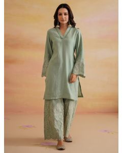 Pastel Green Embroidered Chanderi Kurta with Pants- Set of 2