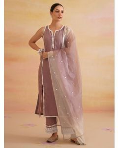 Mauve Lace Work Chanderi Suit- Set of 3