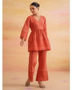 Orange Embroidered Cambric Cotton Co-ord Set- Set of 2