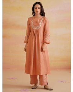 Peach Embroidered Chanderi Kurta with Pants- Set of 2