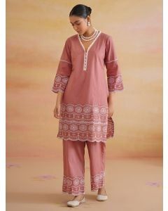 Pink Embroidered Cambric Cotton Kurta with Pants- Set of 2