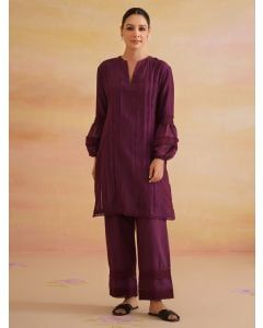 Wine Lace Work Chanderi Kurta with Pants- Set of 2