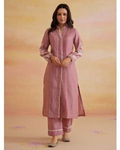 Pink Embroidered Chanderi Kurta with Pants- Set of 2