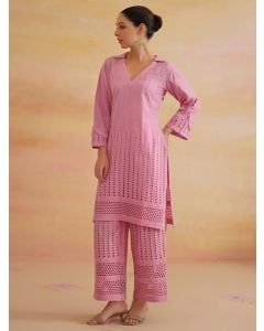 Pink Embroidered Cotton Kurta with Pants- Set of 2