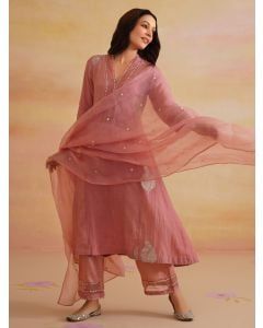 Pink Embroidered Chanderi Suit- Set of 3