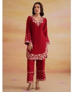Maroon Embroidered Chanderi Kurta with Pants- Set of 2