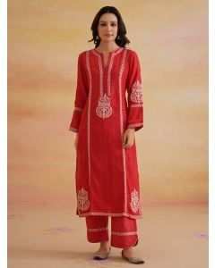 Red Embroidered Chanderi Kurta with Pants- Set of 2