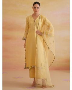 Yellow Embroidered Chanderi Suit- Set of 3