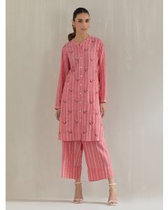 Pink Embroidered Cotton Kurta with Pants - Set of 2