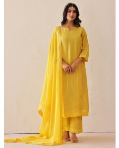 Yellow Embroidered Silk Suit - Set of 3