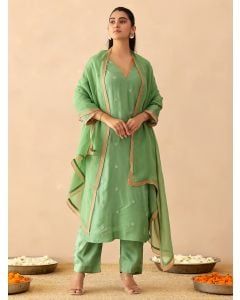 Green Embroidered Silk Suit - Set of 3