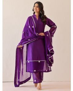 Purple Embroidered Silk Suit - Set of 3
