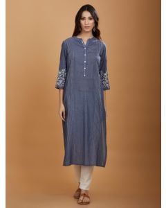 Indigo Embroidered Cotton Kurta with White Pants - Set of 2