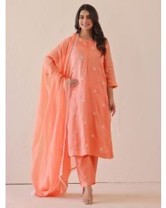 Peach Embroidered Silk Suit - Set of 3