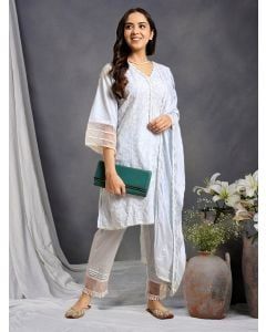 Sky Blue Embroidered Cotton Suit - Set of 3