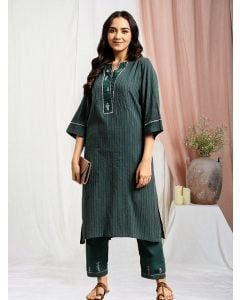 Green Hand Embroidered Cotton Pleated Kurta with Pants - Set of 2