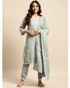 Green Embroidered Cotton Suit - Set of 3