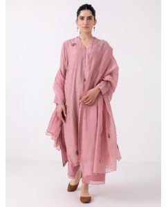 Pink Hand Embroidered Chanderi Suit- Set of 3