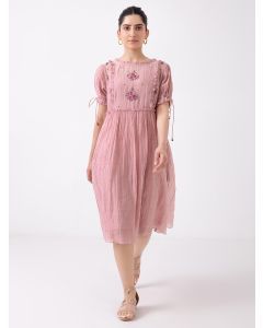 Pink Hand Embroidered Chanderi Dress with Slip