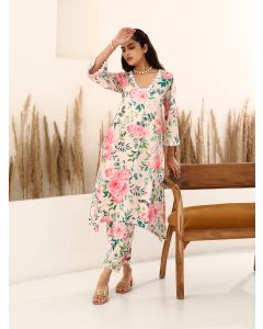 Pink Printed Cotton Kurta with Pants- Set of 2