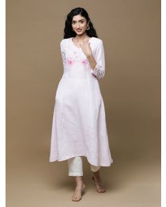 White Pink Printed Linen Kurta