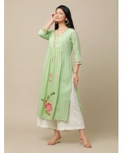 Sage Green Printed Cotton Kurta with Pants - Set of 2