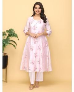 Pink Hand Block Printed Muslin Modal Kurta with Pants- Set of 2