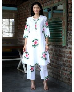 White Printed Cotton Kurta with Pants - Set of 2