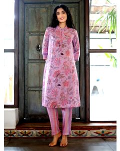 Lavender Printed Cotton Blend Kurta with Pants - Set of 2