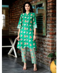Green Printed Cotton Blend Kurta