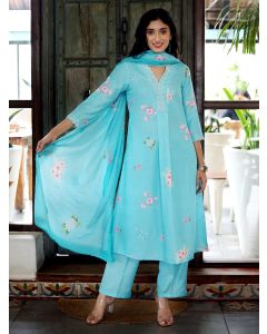 Turquoise Blue Printed Chanderi Dupatta