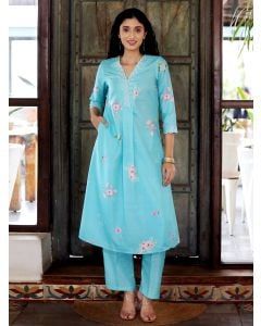Turquoise Blue Printed Cotton Kurta