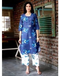 Dark Blue Printed Cotton Kurta with Pants - Set of 2