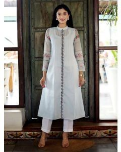 Blue Off White Striped Chanderi Kurta with Slip and Pants - Set of 2