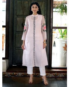 Pink Off White Striped Chanderi Kurta with Slip and Pants - Set of 2