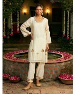 Ivory Embroidered Chanderi Kurta with Pants- Set of 2