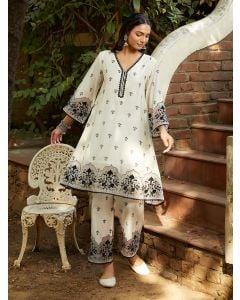 Ivory Embroidered Viscose Chanderi Kurta with Pants- Set of 2