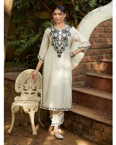 Ivory Embroidered Viscose Chanderi Kurta with Pants- Set of 2