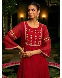 Maroon Embroidered Chanderi Kurta with Pants- Set of 2