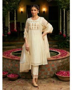 Ivory Embroidered Chanderi Kurta with Pants- Set of 2
