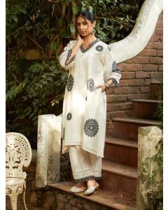 Ivory Embroidered Viscose Chanderi Kurta with Pants- Set of 2