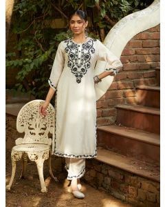 Ivory Embroidered Viscose Chanderi Kurta with Pants- Set of 2