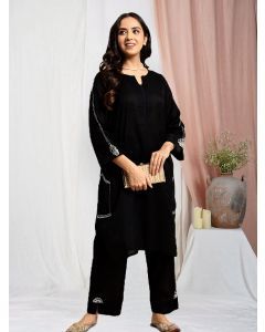 Black Embroidered Cotton Kurta with Pants - Set of 2