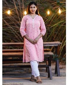 Pink Embroidered Cotton Kurta with Pants - Set of 2