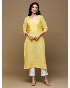 Yellow Printed Linen Kurta with Pants- Set of 2